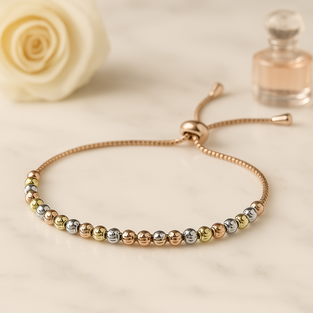 Trio Glow Bracelet – Gold, Silver & Rose Gold Beaded Design