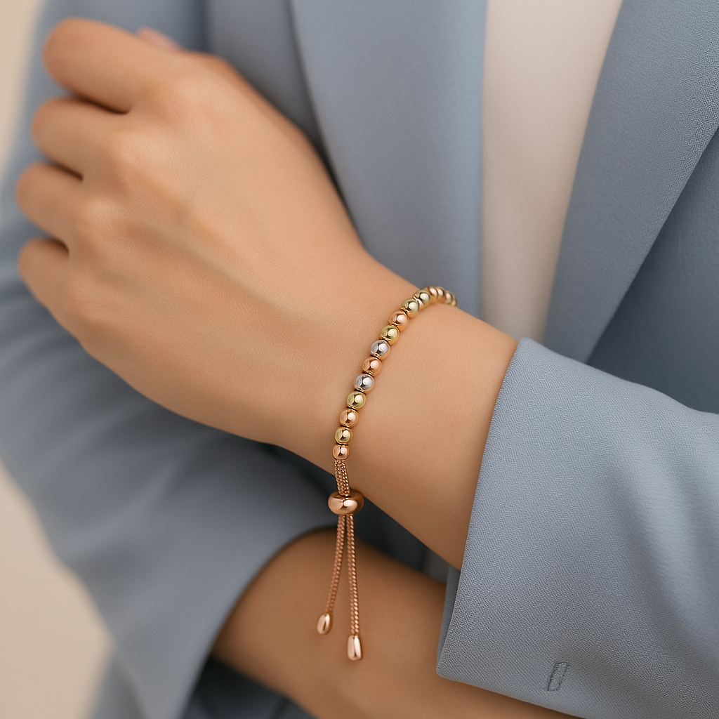 Trio Glow Bracelet – Gold, Silver & Rose Gold Beaded Design