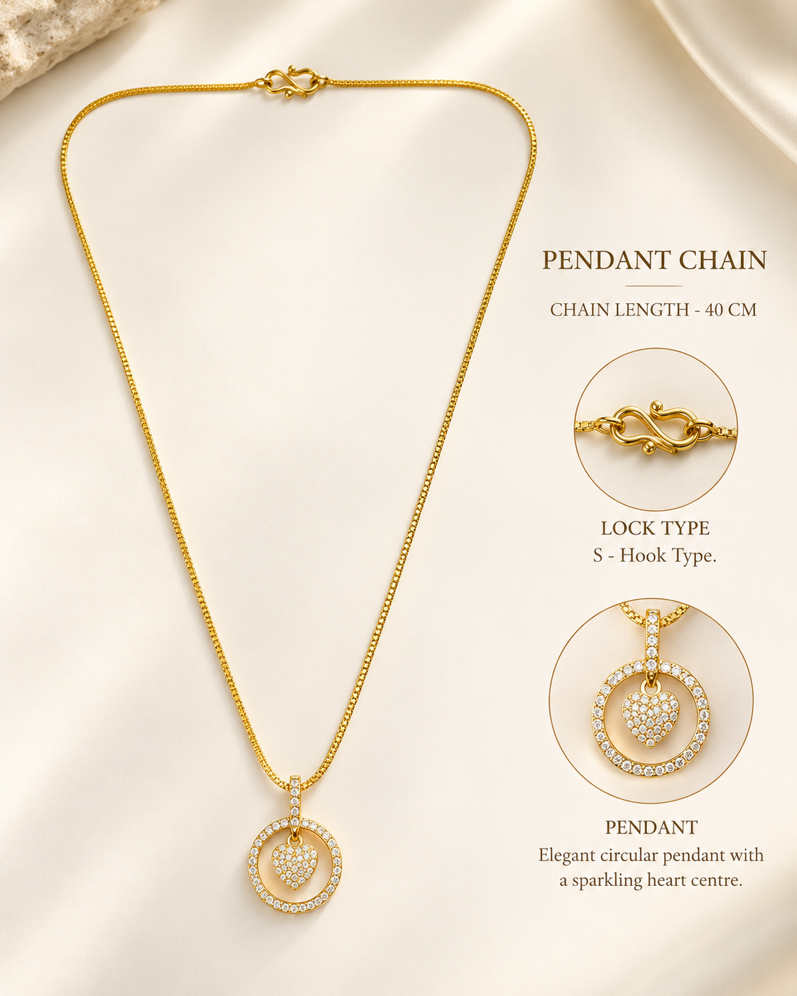 Gold plated chain necklace with a heart-shaped pendant set in a circular ring design