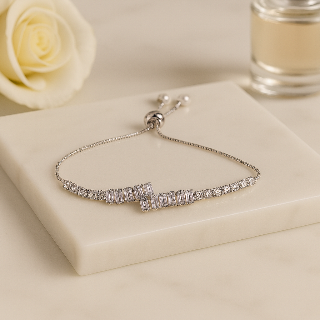 Crystal Chic Bracelet – Sleek Silver with Diamond Cut Stones