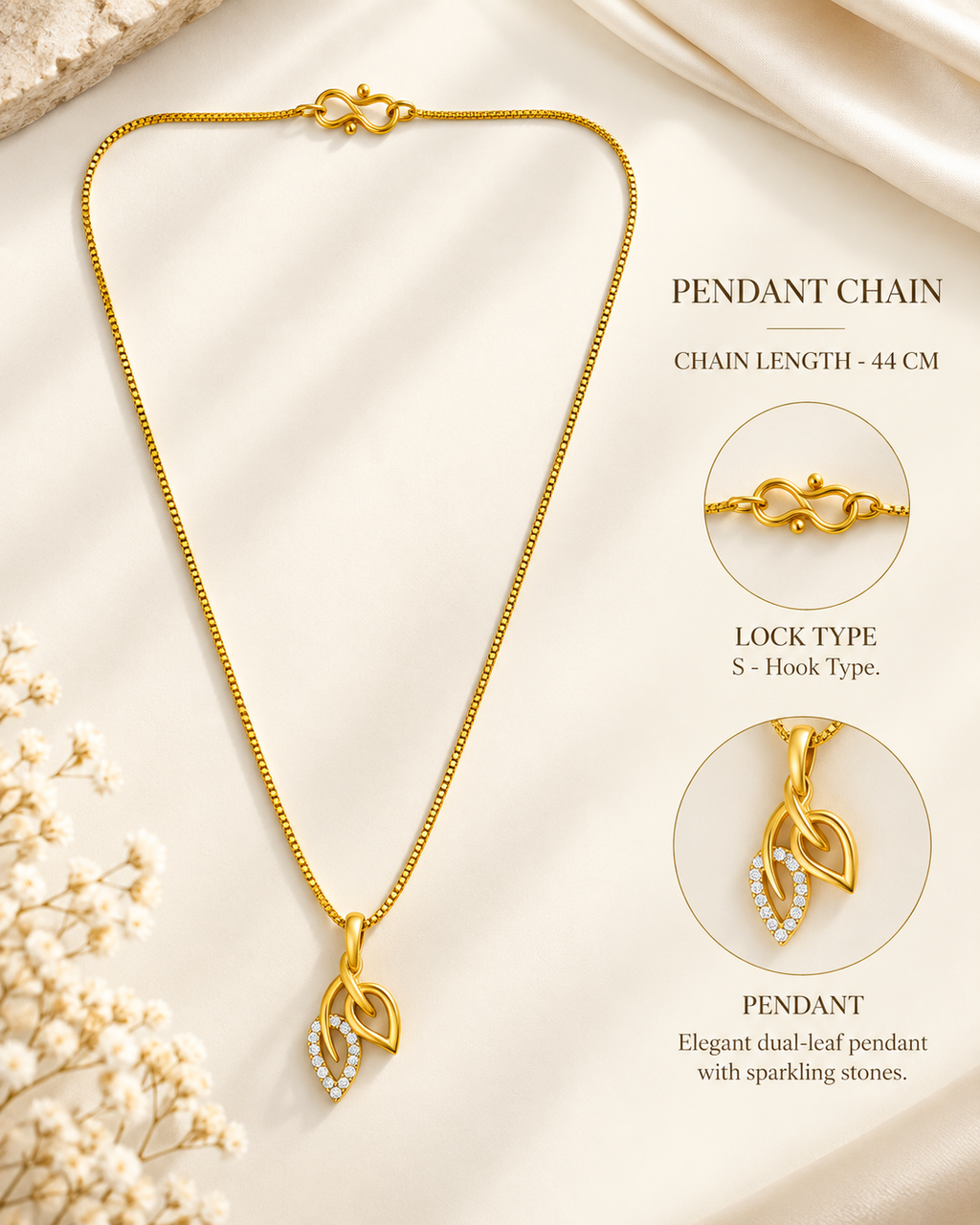 Dual leaf-shaped pendant with matching drop in a gold plated chain
