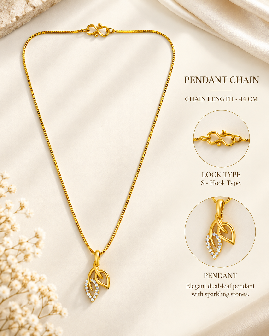 Dual leaf-shaped pendant with matching drop in a gold plated chain