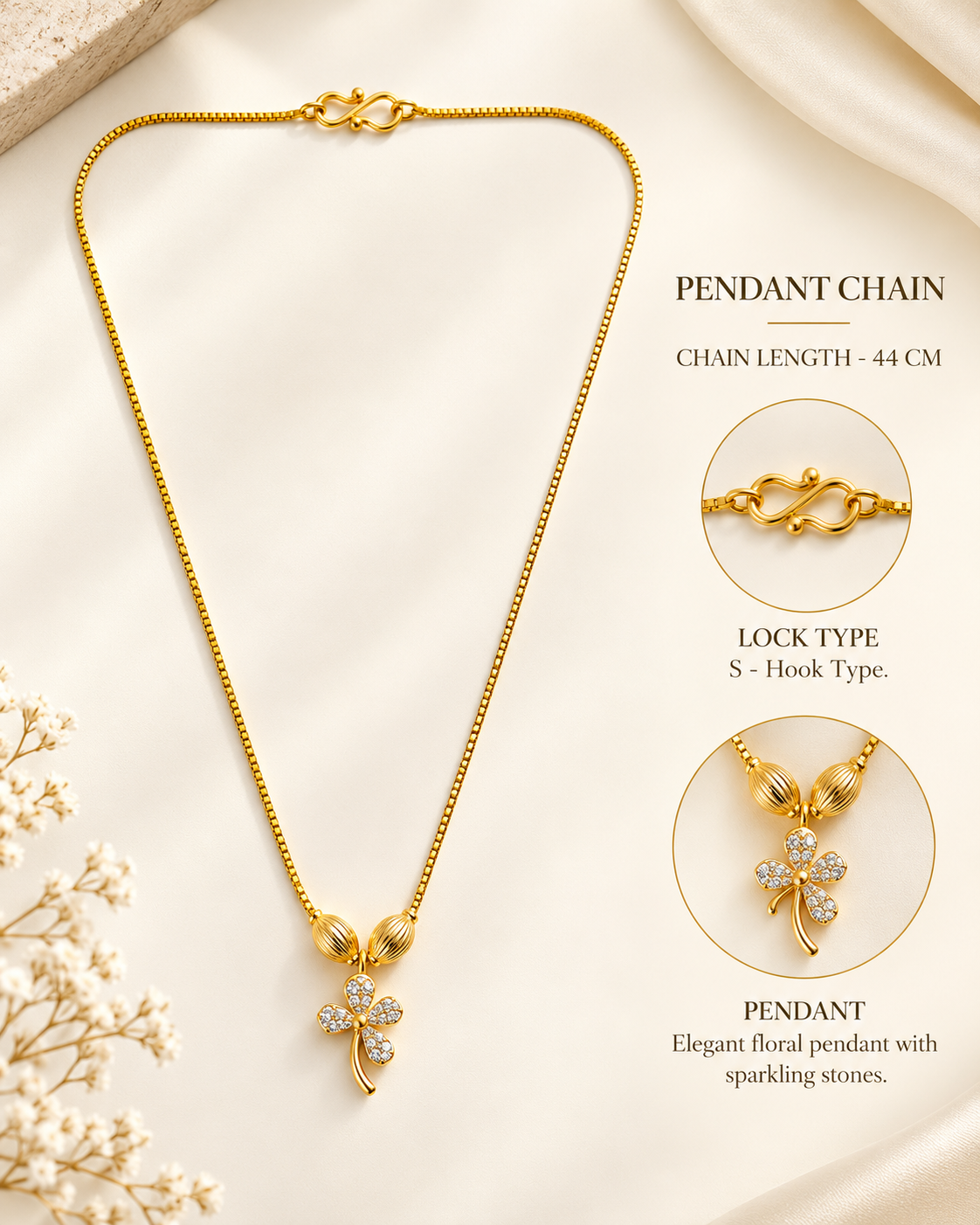 Golden Floral Penndant in a gold plated chain