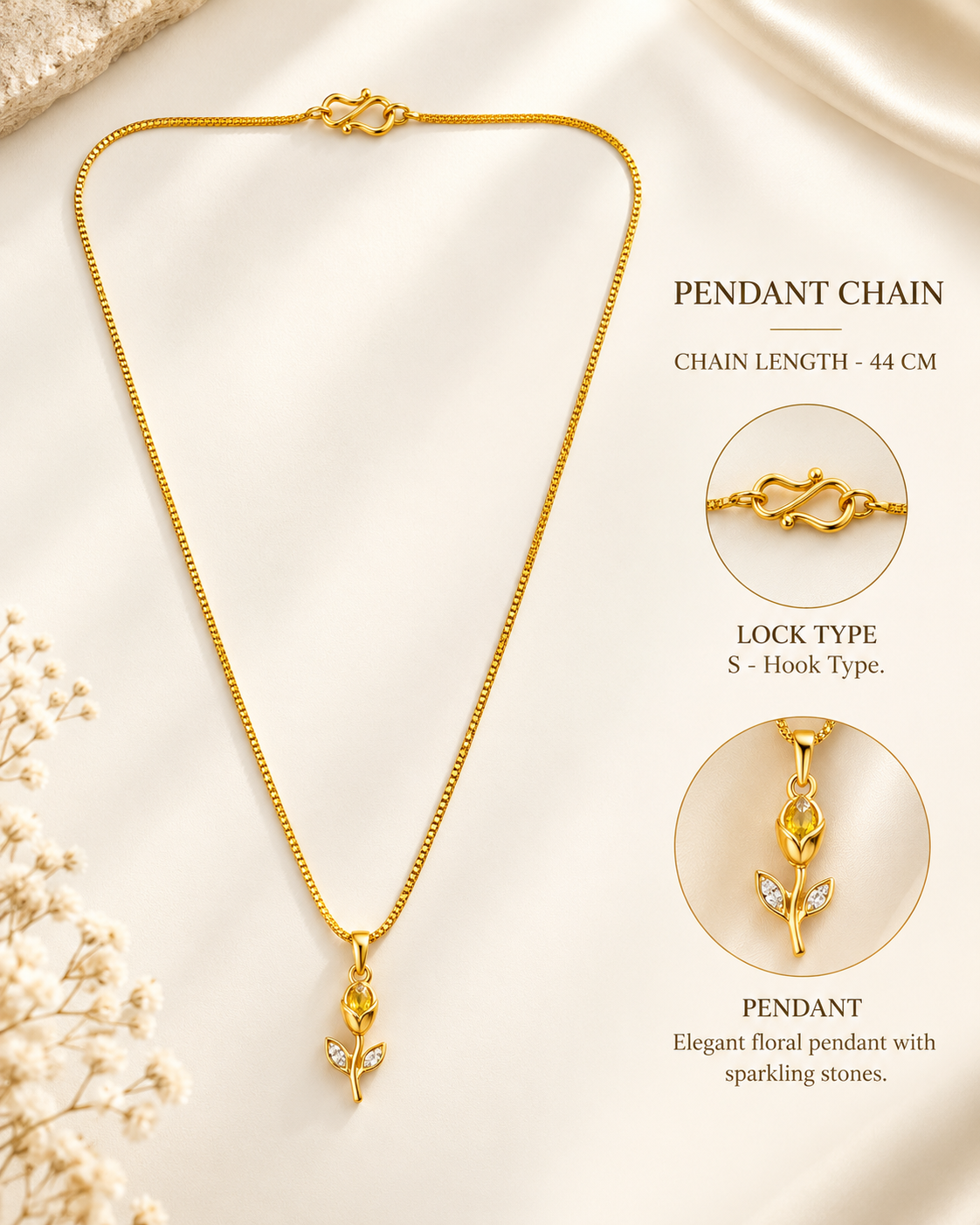 Rose shaped pendant on top stone in a gold plated chain