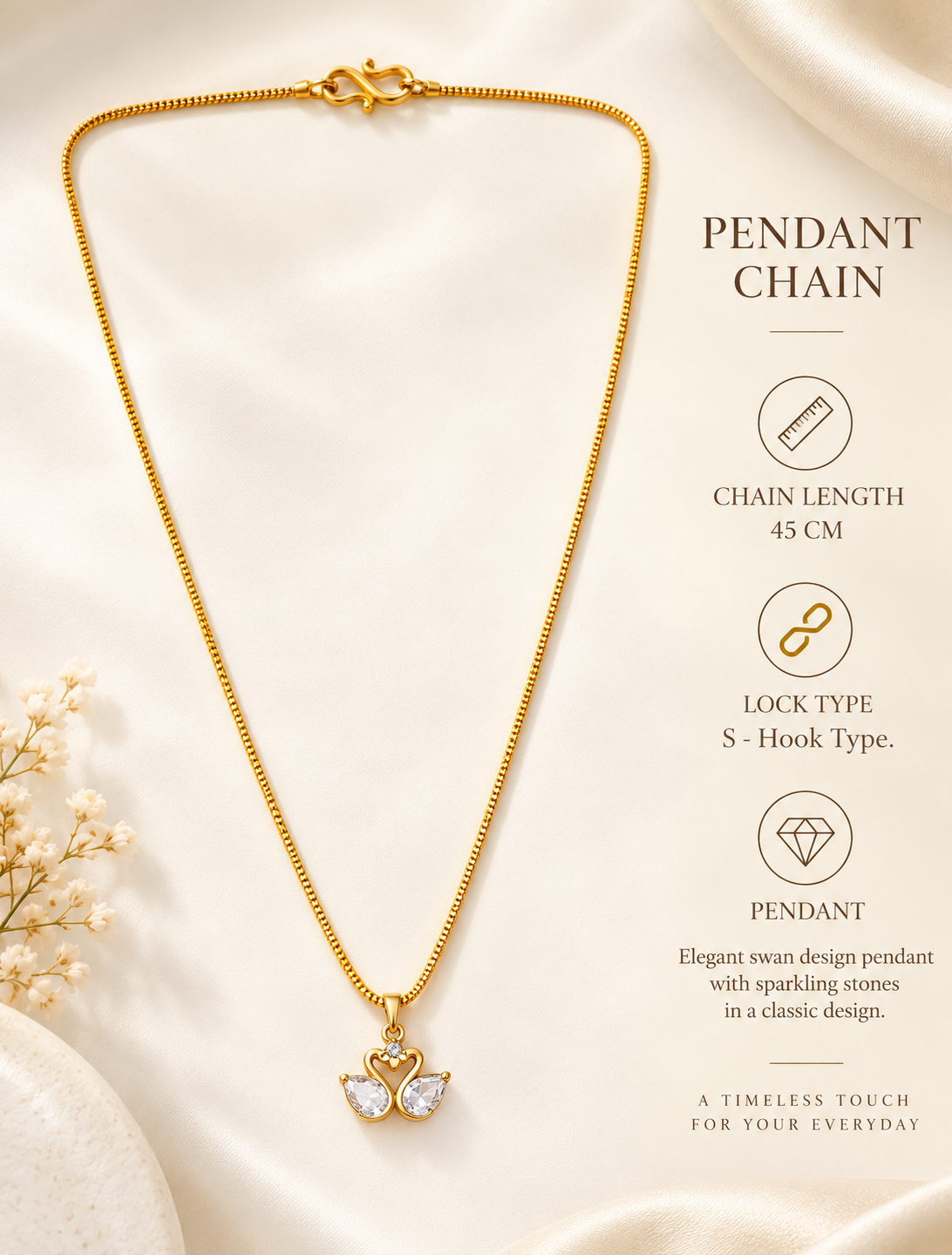 Heart-shaped pendant featuring two swan in a gold plated chain