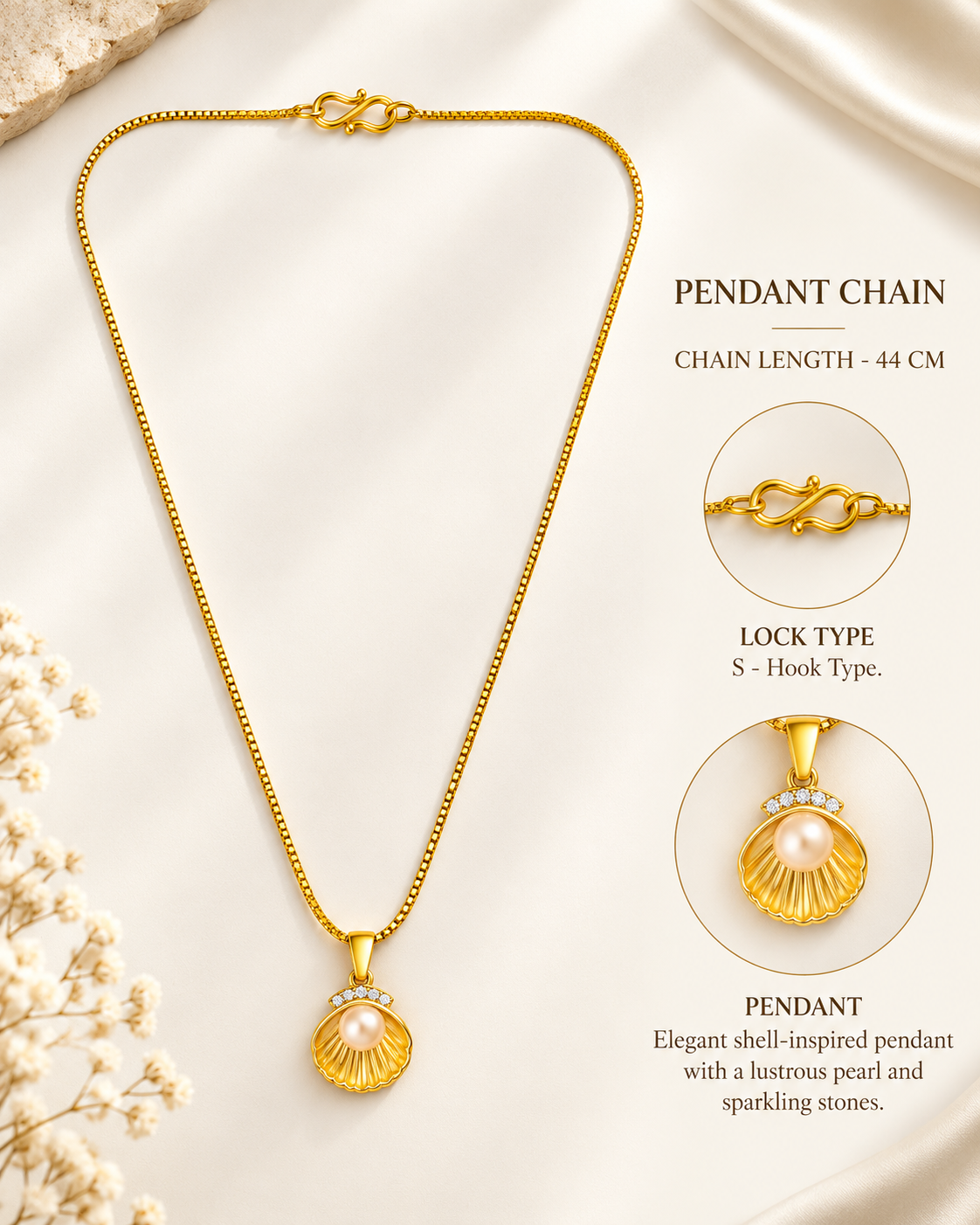 Shell inspired pearl pendant in a gold plated chain