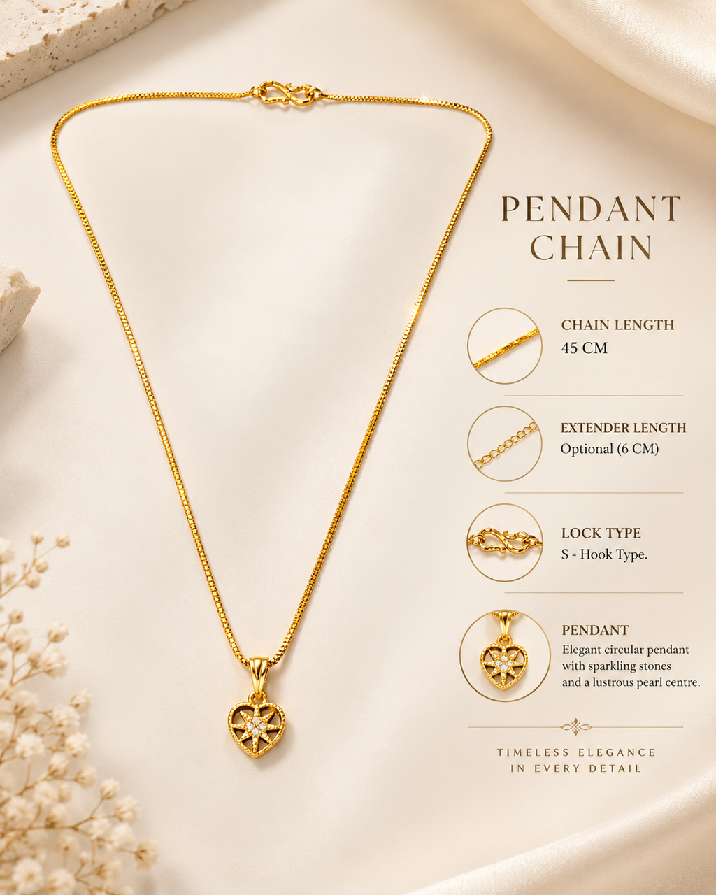 Small heart-shaped starburst pendant in a gold plated chain