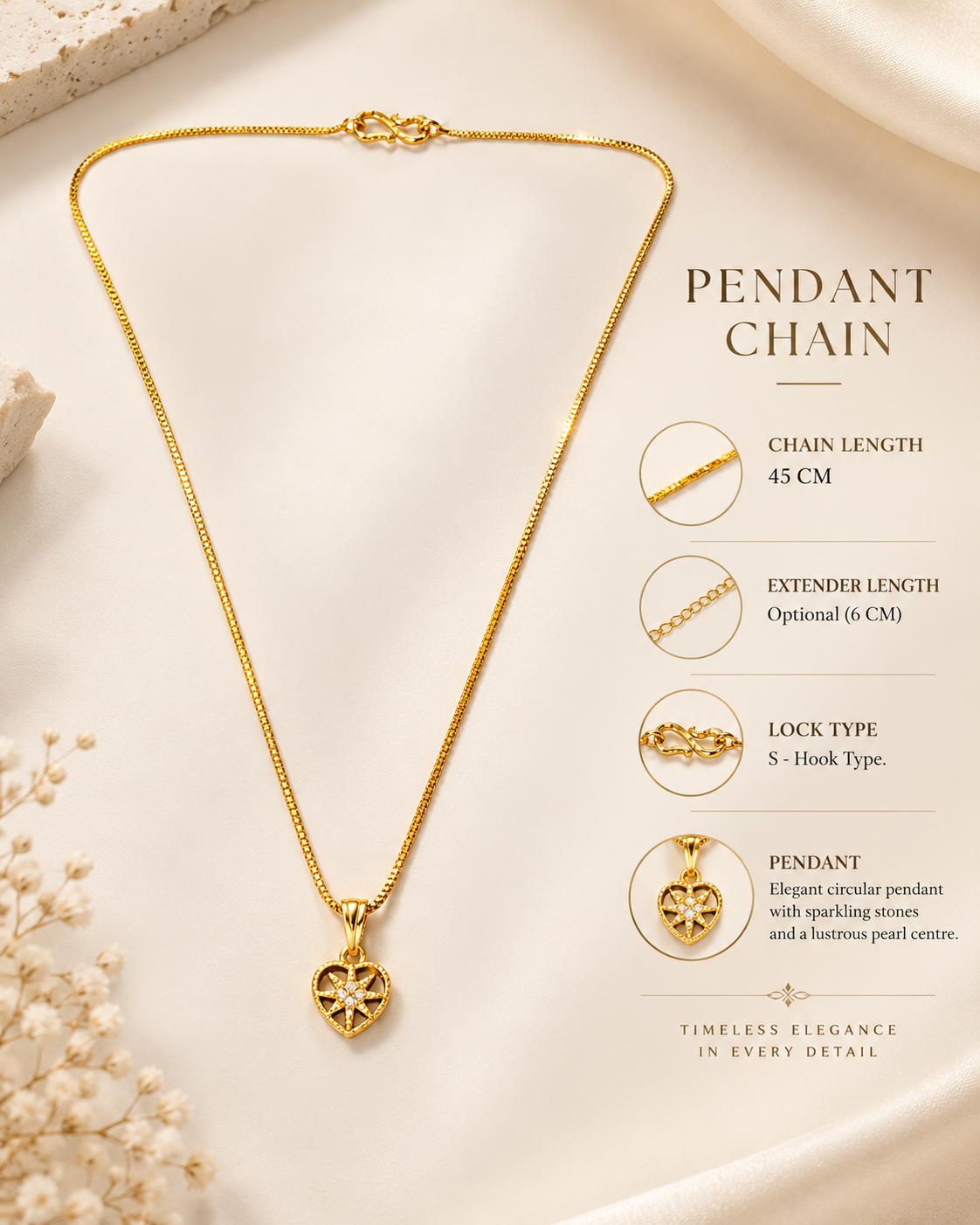 Small heart-shaped starburst pendant in a gold plated chain