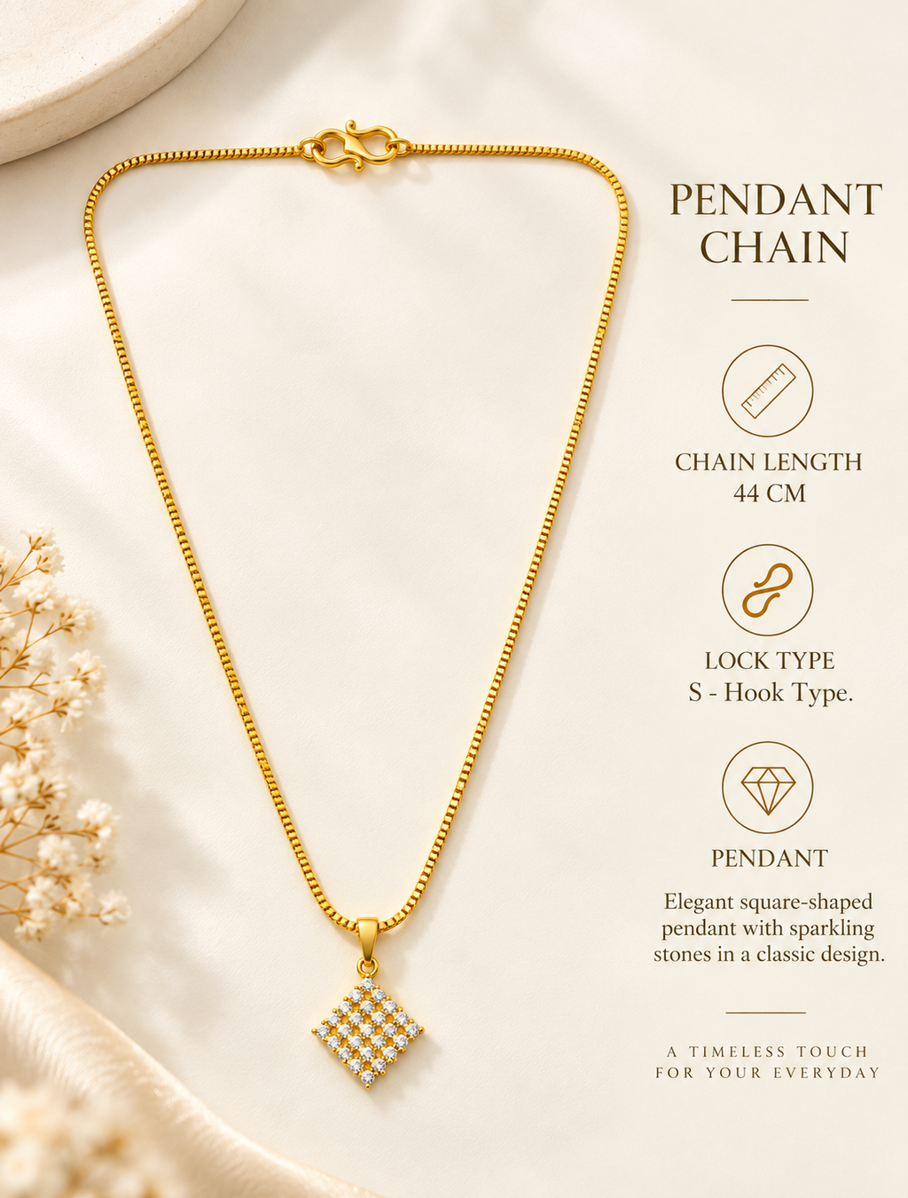 Square diamond-shaped pendant set with sparkling stones in a gold plated chain