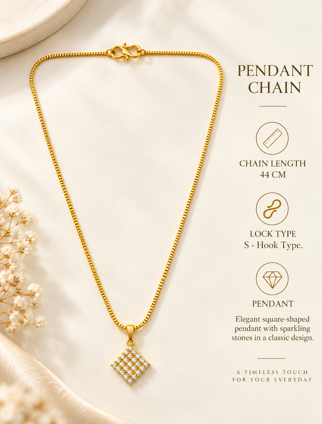 Square diamond-shaped pendant set with sparkling stones in a gold plated chain